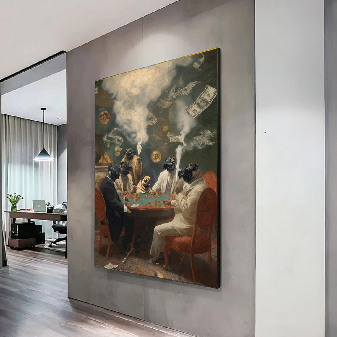 Pug Dogs Playing Poker Wearing VR Headsets Crypto Money Wall Art
