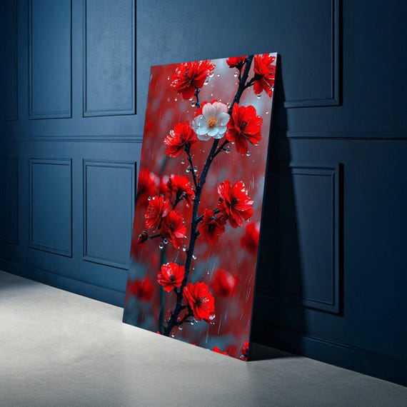 Red Cherry Blossom Canvas White Bloom Accent Rain Droplets Wall Art Nature Floral Elegant Home Decoration Vibrant Botanical