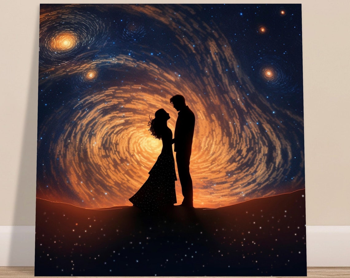 Couple Silhouette Orange Galaxy Sunset Romantic Love Starry Poster
