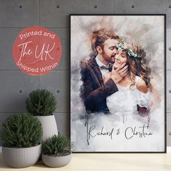 Personalized Wedding Watercolor Couple Portrait Print