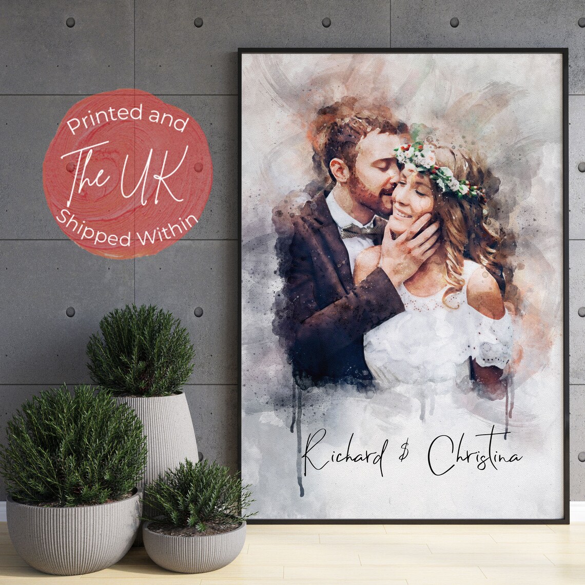 Personalized Wedding Watercolor Couple Portrait Print