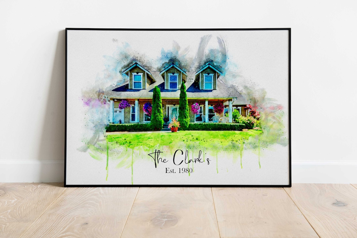 Gray Suburban House Watercolor Portrait With Family Name Text Poster - Image 3