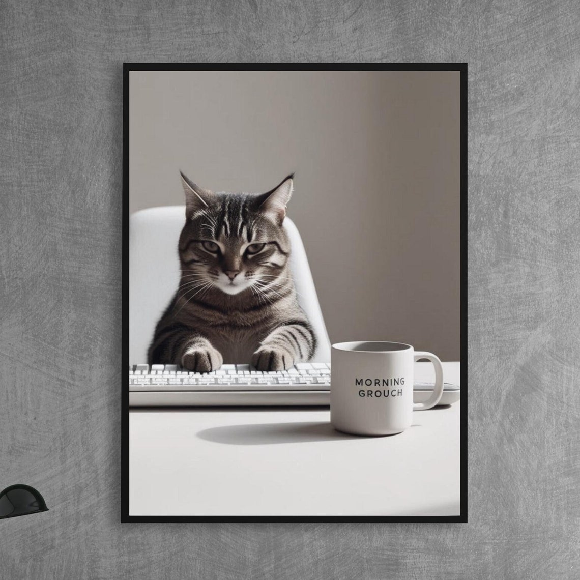 Funny Grumpy Cat Typing with Morning Grouch Mug Office Desk Poster