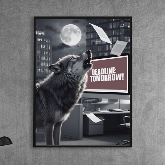 Funny Wolf Howling DEADLINE TOMORROW Office Stress Humor Poster