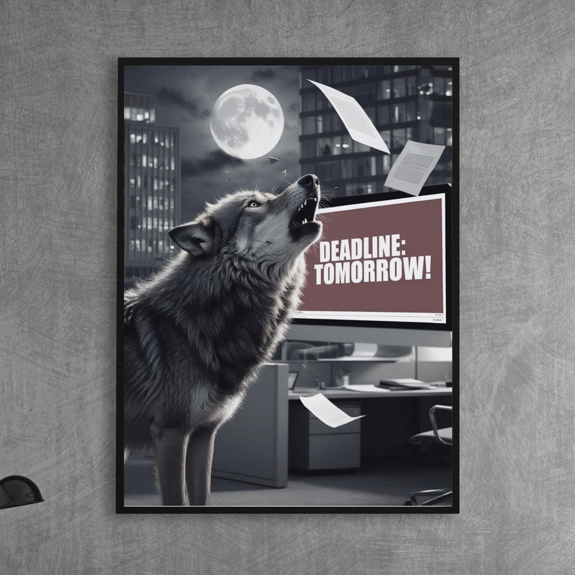 Funny Wolf Howling DEADLINE TOMORROW Office Stress Humor Poster