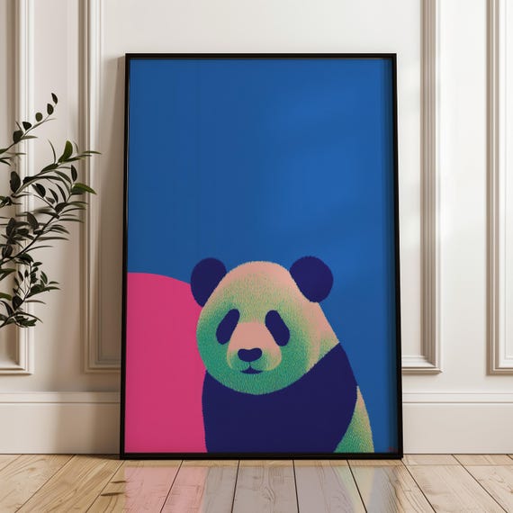 Minimal Panda Art Print Modern Pop Poster Blue And Pink Wall Decor Playful Home