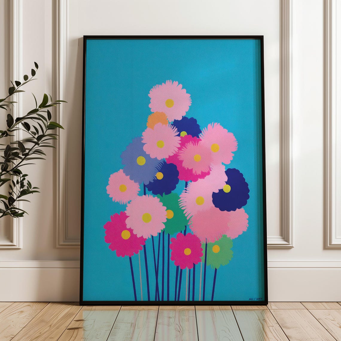 Colorful Daisy Bouquet Pop Art Poster Teal Background Floral