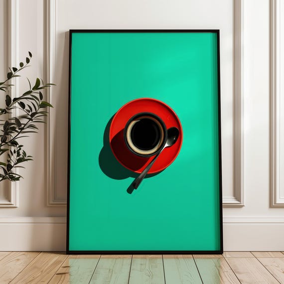 Red Coffee Cup Art Print Turquoise Background Poster