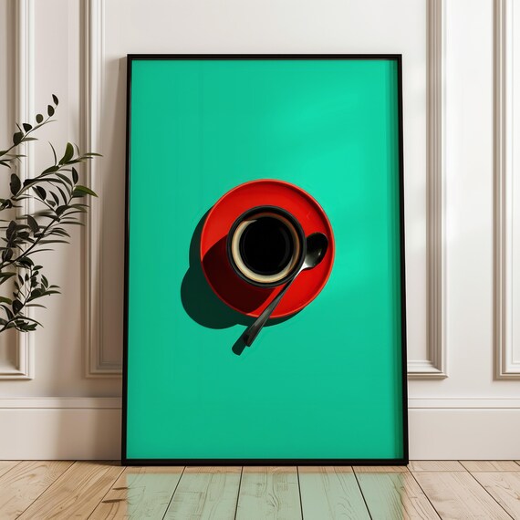 Red Coffee Cup on Turquoise Pop Art Bold Kitchen Wall Poster