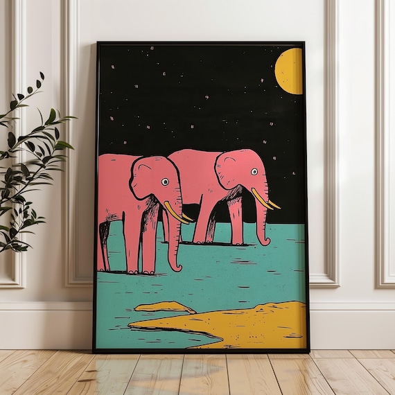 Funny Comedy Animal Art Print Pink Elephant Poster Nursery Decor Vintage Unique Artsy Comical Kids Room