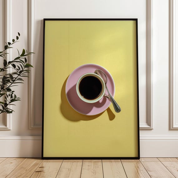 Pink Coffee Cup Wall Print Bright Yellow Background