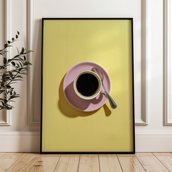 Top Down Coffee Cup on Pink Saucer Bright Yellow Pop Art Poster
