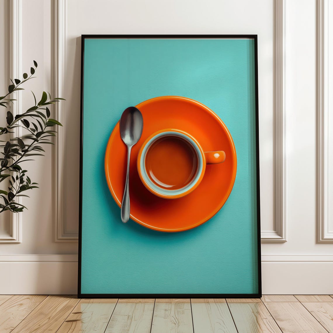 Orange Coffee Cup on Teal Background Minimal Pop Art Kitchen Poster