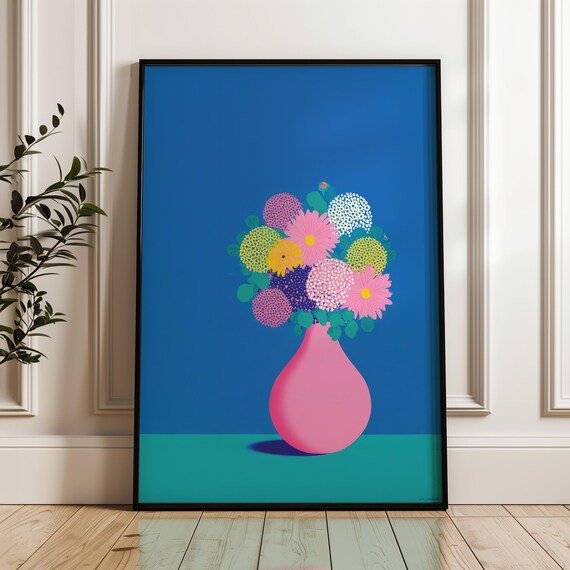 Pink Vase Daisy Bouquet Minimal Floral Blue Background Poster