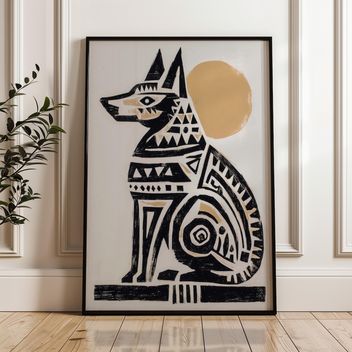 Black And Gold Stylized Dog Sun Motif Abstract Folk Art Poster