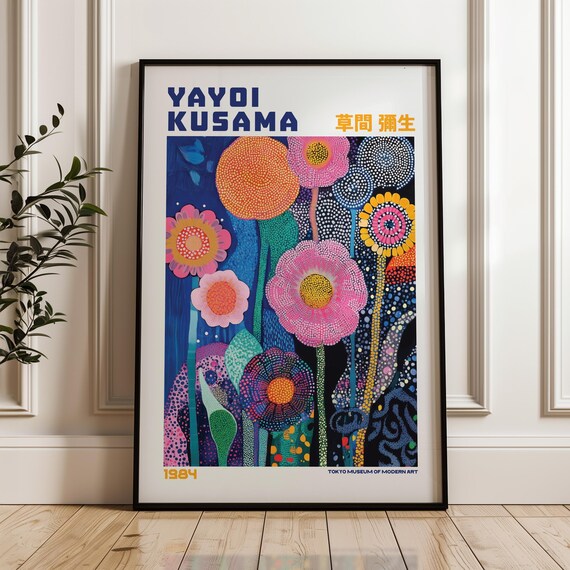 Yayoi Kusama Pink Dotted Flowers Midnight Blue 1984 Art Poster