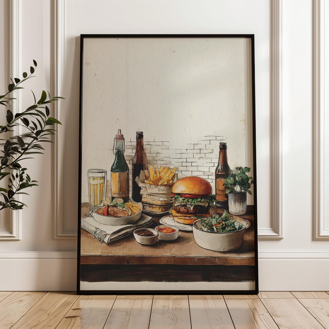 Burger Fries Beer Feast Hand Drawn Rustic Diner Table Scene Poster