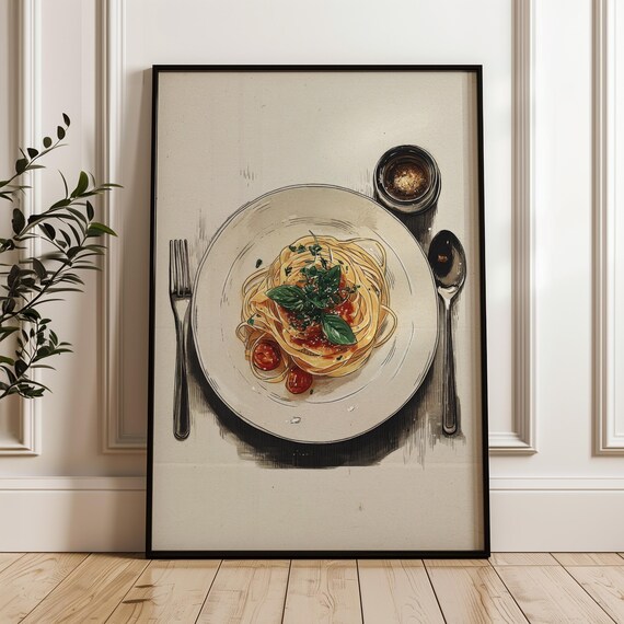 Spaghetti Basil Tomato Hand Drawn Classic Italian Food Art Poster