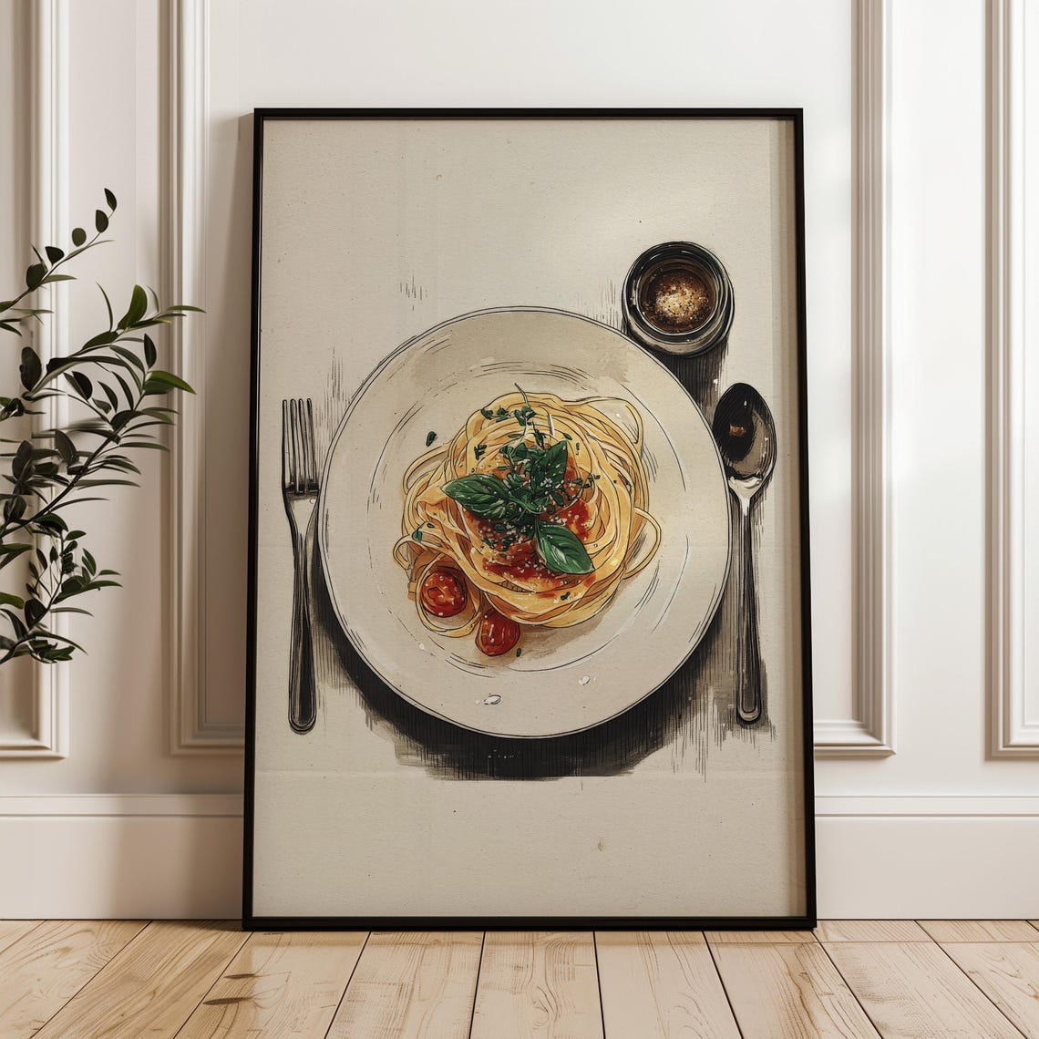 Spaghetti Basil Tomato Hand Drawn Classic Italian Food Art Poster