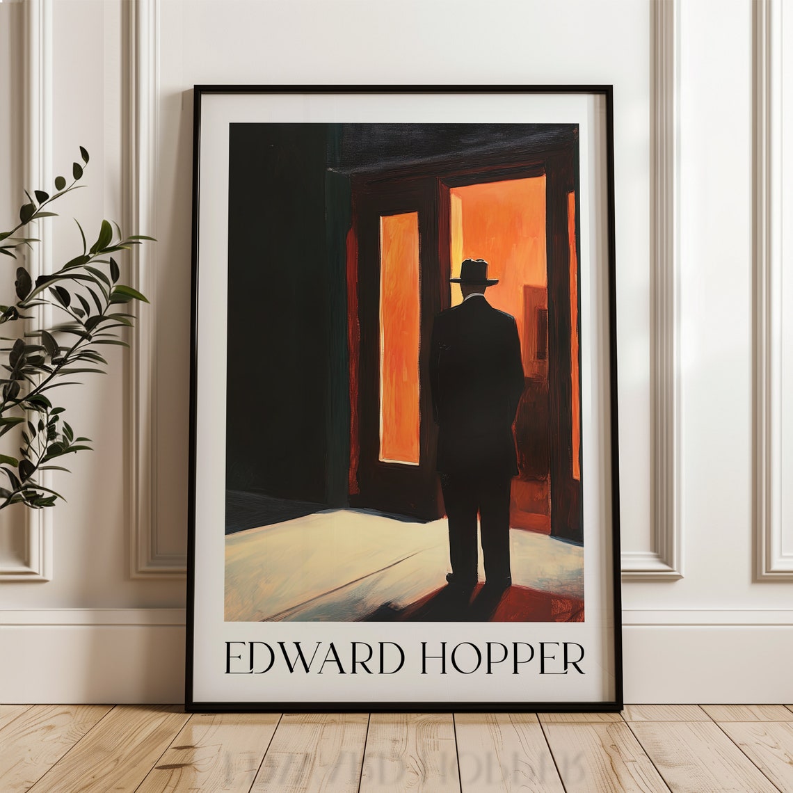 Edward Hopper Style Man in Doorway Glowing Night City Scene Poster