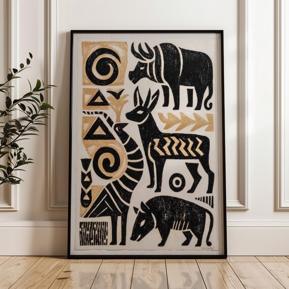 Black Gold Stylized Animal Collage Buffalo Deer Zebra Tribal Folk Poster