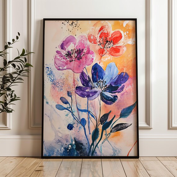 Vibrant Watercolor Floral Blooms Pink Blue Orange Botanical Poster