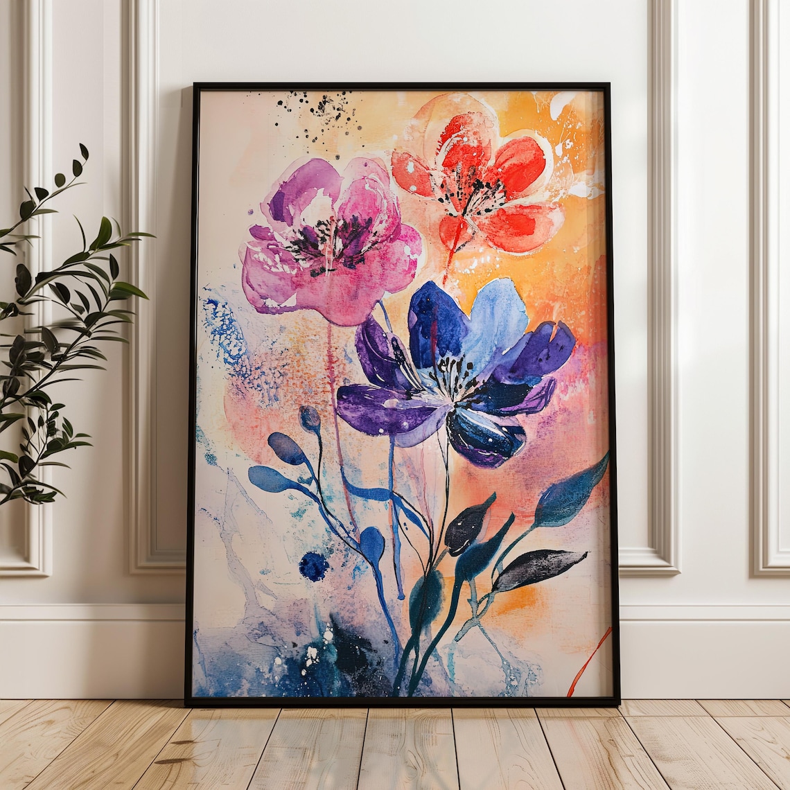 Vibrant Watercolor Floral Blooms Pink Blue Orange Botanical Poster