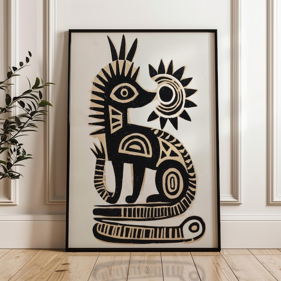 Stylized Folk Art Cat With Sun Black and Gold Abstract Poster