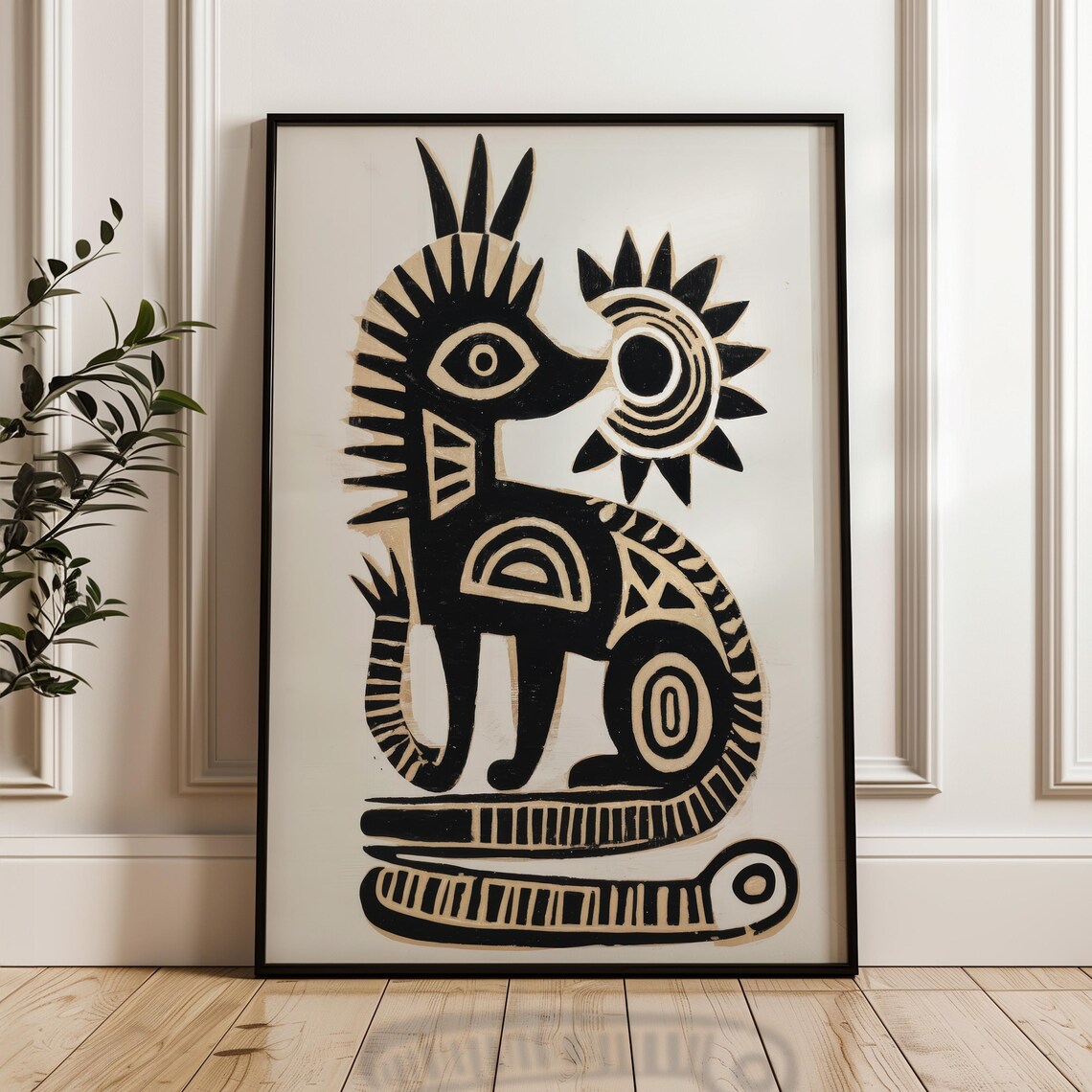 Stylized Folk Art Cat With Sun Black and Gold Abstract Poster