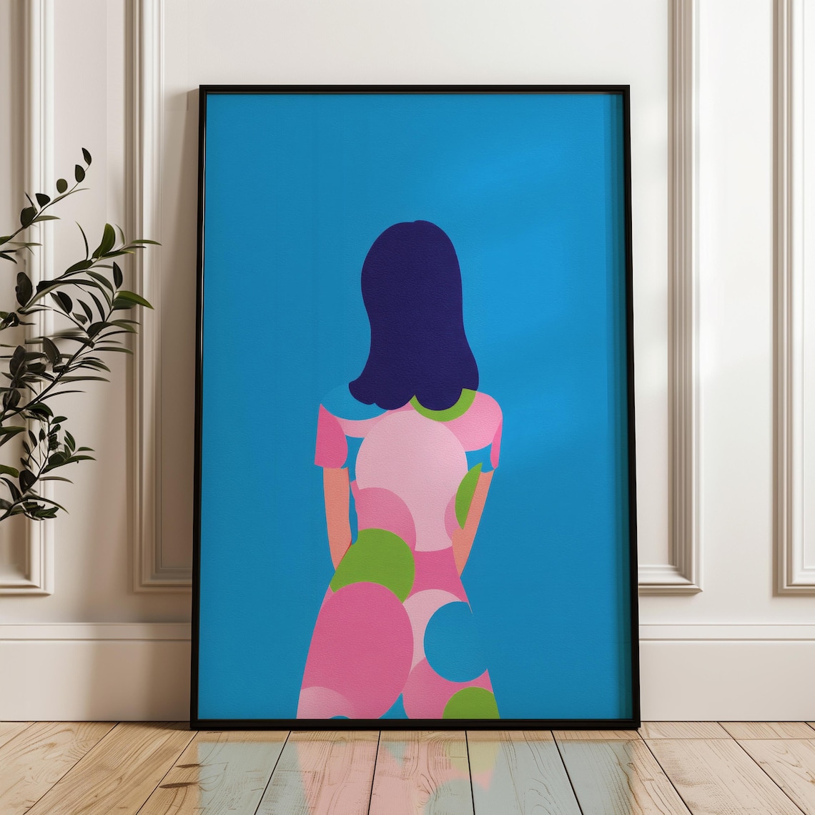 Girl in Polka Dot Dress Minimal Pop Art Poster Blue Pink Style