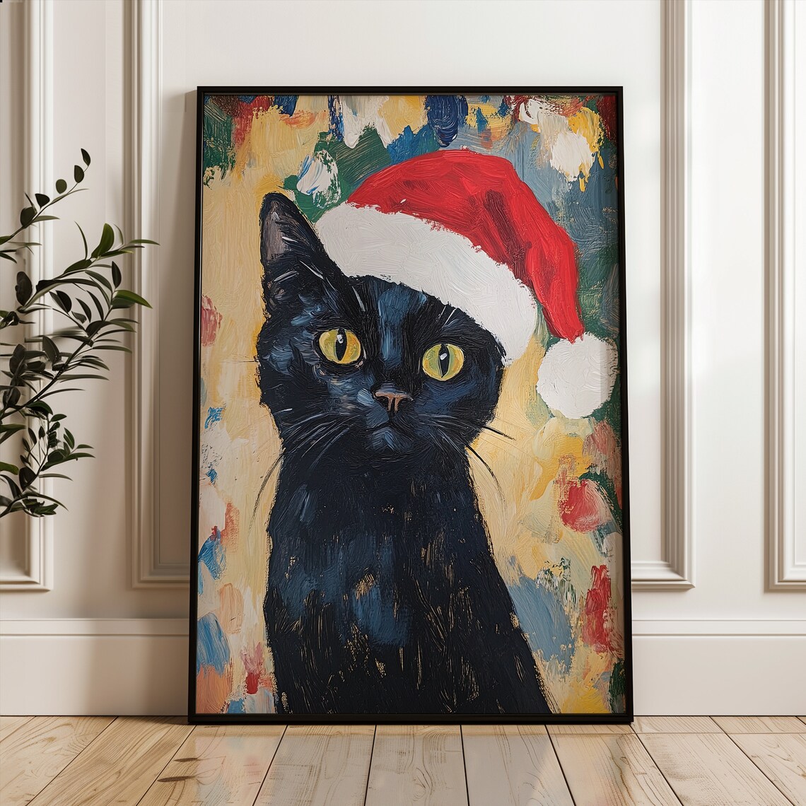 Black Cat Wearing Santa Hat Christmas Holiday Painting Art Print