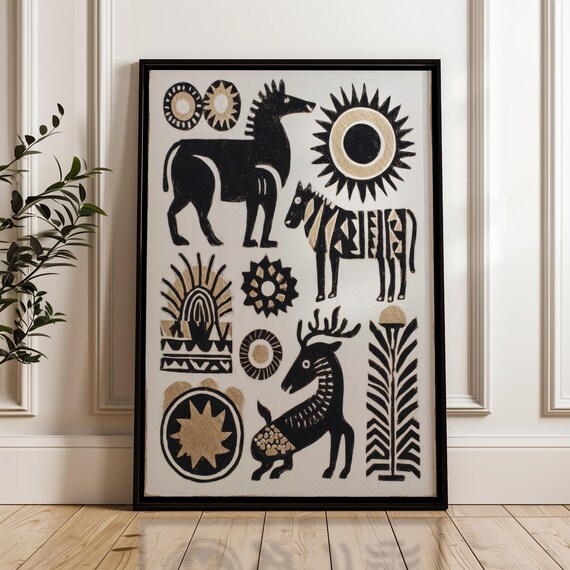 Black Gold Geometric Animal Collage Horse Zebra Deer Tribal Folk Poster
