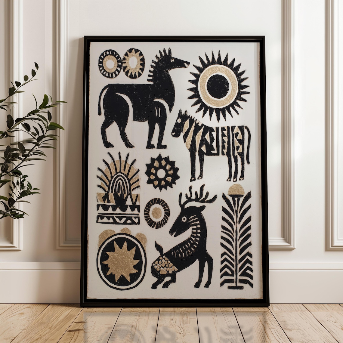 Black Gold Geometric Animal Collage Horse Zebra Deer Tribal Folk Poster