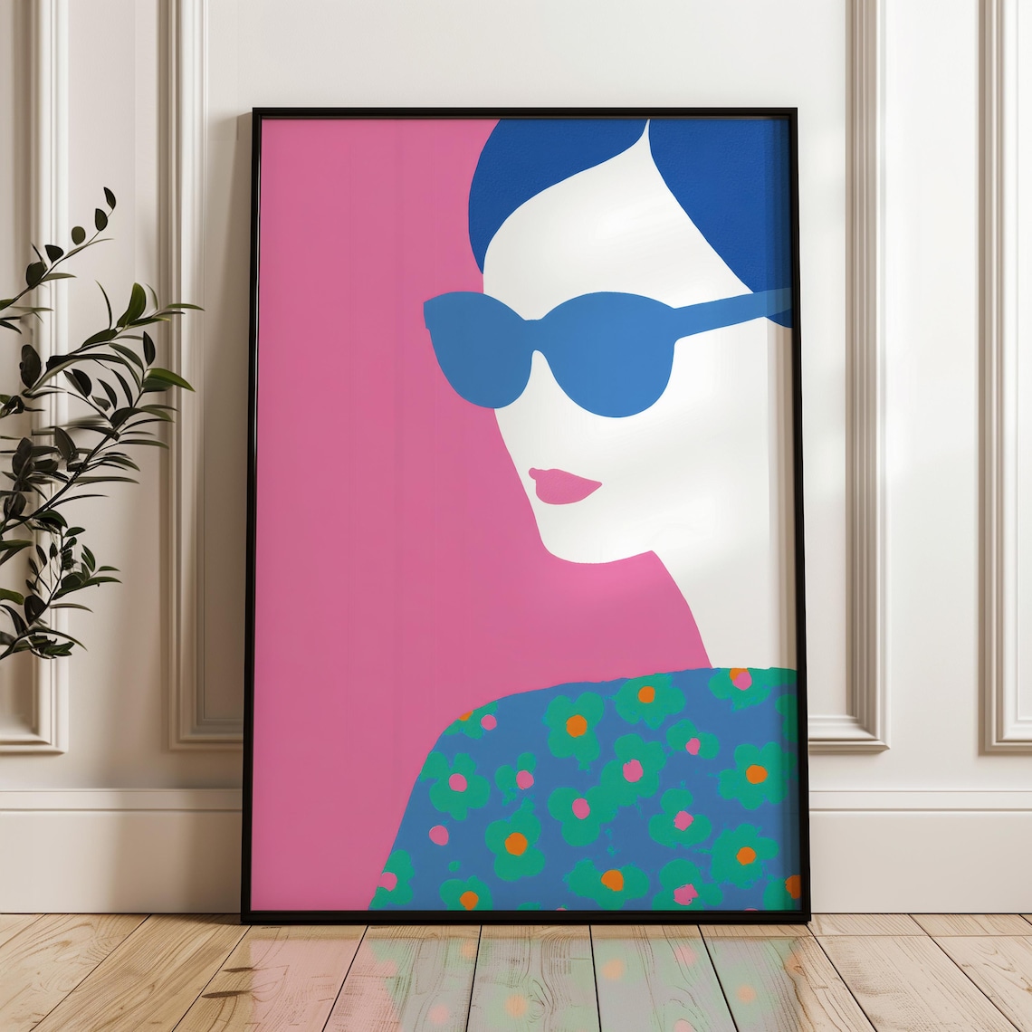 Woman In Blue Sunglasses With Floral Top Pink Pop Art Portrait Poster
