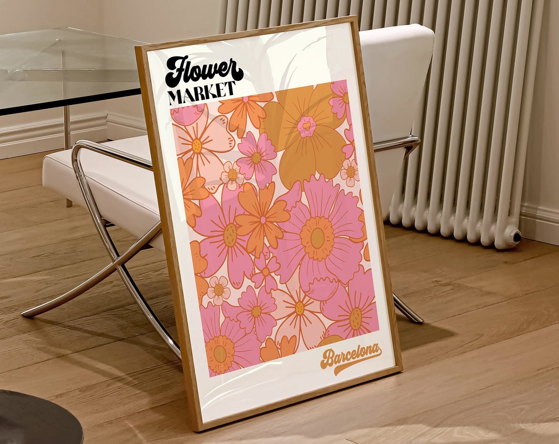 Flower Market Barcelona Print Flower Market Poster Hippie Poster Retro 70s Flower Market Boho Flower Market Pink Retro Flowers F021 - Image 2