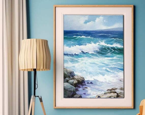 Turquoise Ocean Waves Crashing On Rocks Coastal Seascape Poster