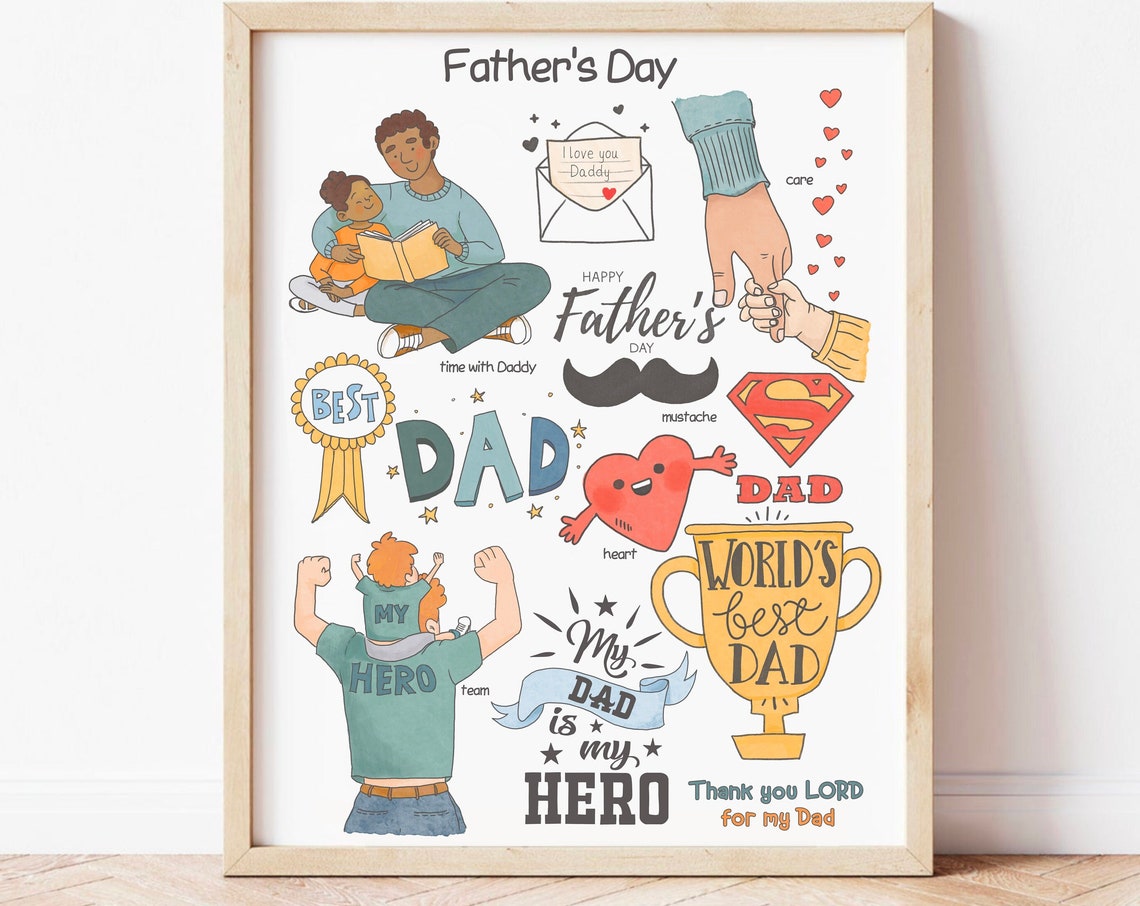 Father's Day Doodle Collage Best Dad Trophy Illustration Print