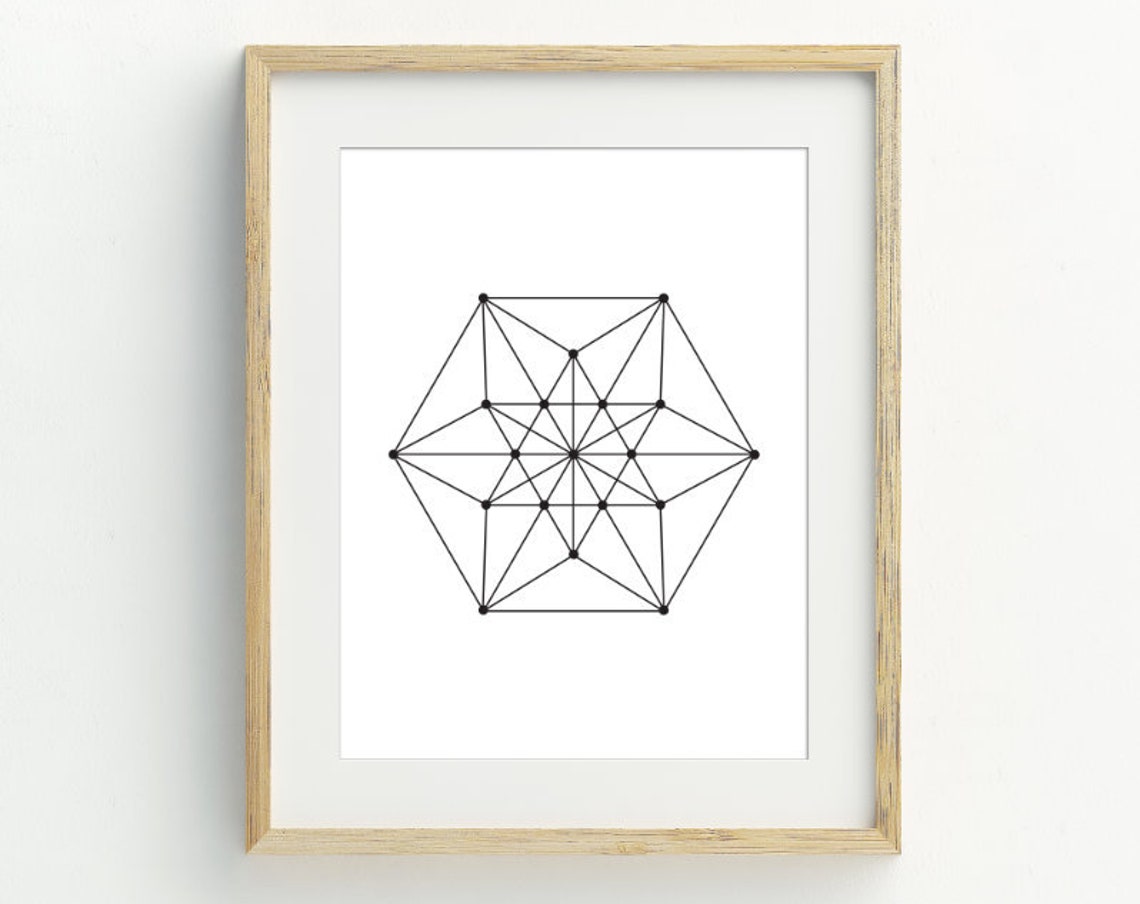 Geometric Star Hexagon Line Art Minimalist Black White Wall Art Print