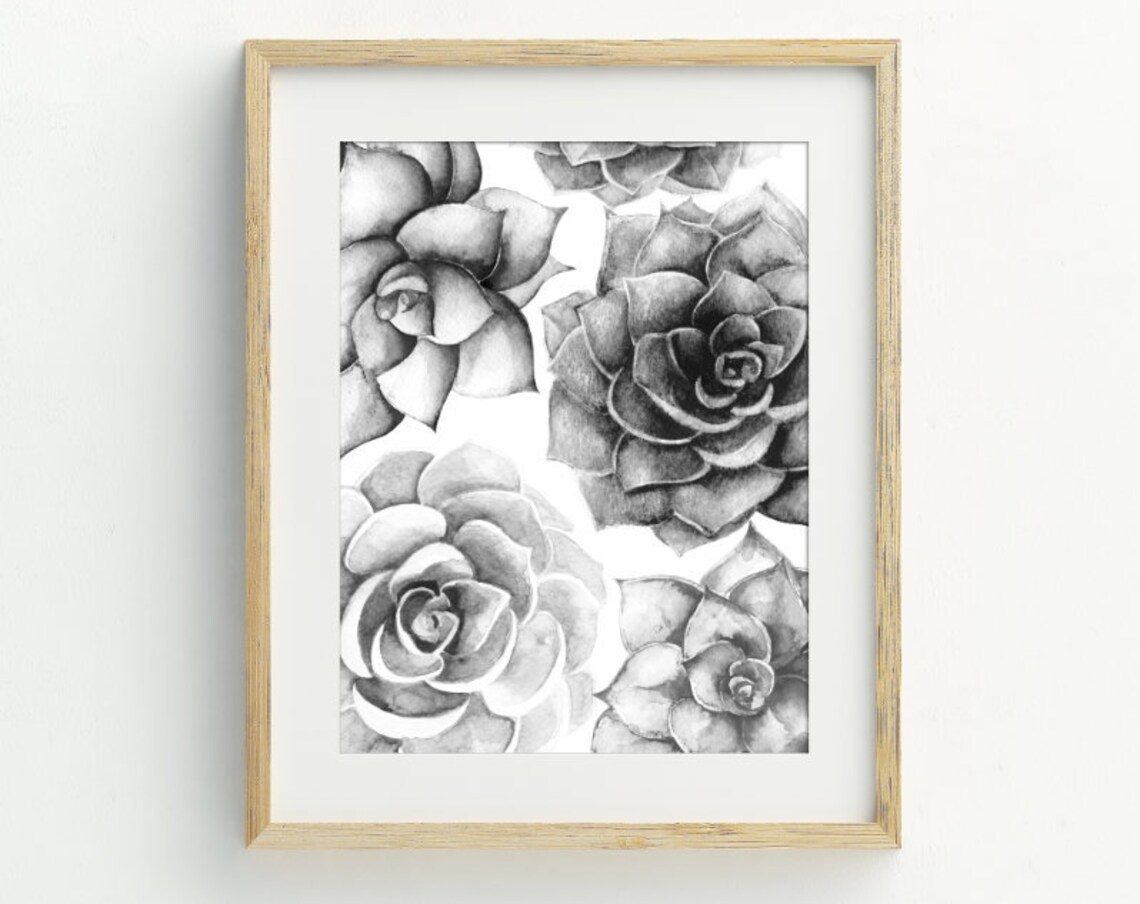Black And White Succulents Print, Monochrome Decor