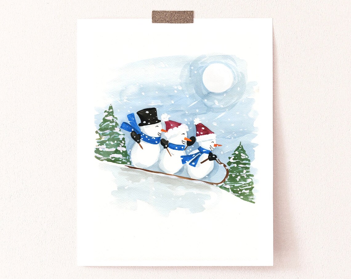Sledding Snowmen Holiday Christmas Watercolor Art Print