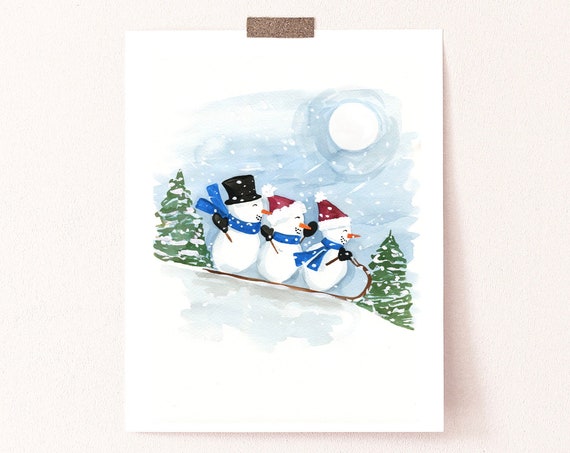 Sledding Snowmen Holiday Christmas Watercolor Art Print