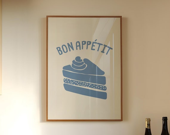 Bon Appetit Print Retro Cake Print Light Blue Kitchen Wall Art Dessert Art Print Food Drink Art Kitchen