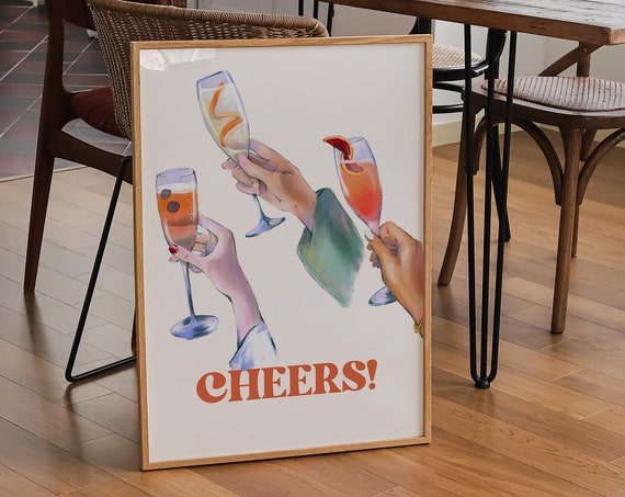 Retro Bar Cart Print Cheers Print Bar Cart Decor Aesthetic Kitchen Decor Bar Cart Wall Art Trendy Wall Art