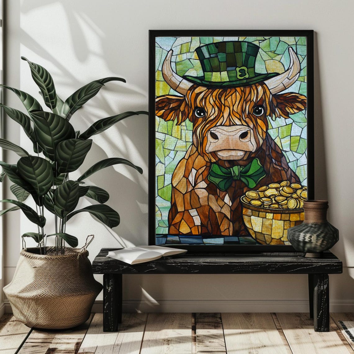 Cute Highland Cow in a St Patricks Day Leprechaun Hat Poster - Image 3