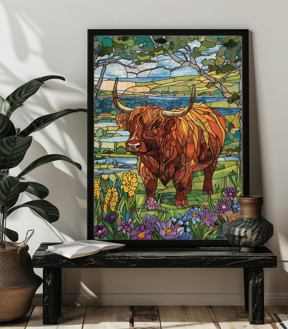 Stained Glass Highland Cow Bathroom Wall Art Print