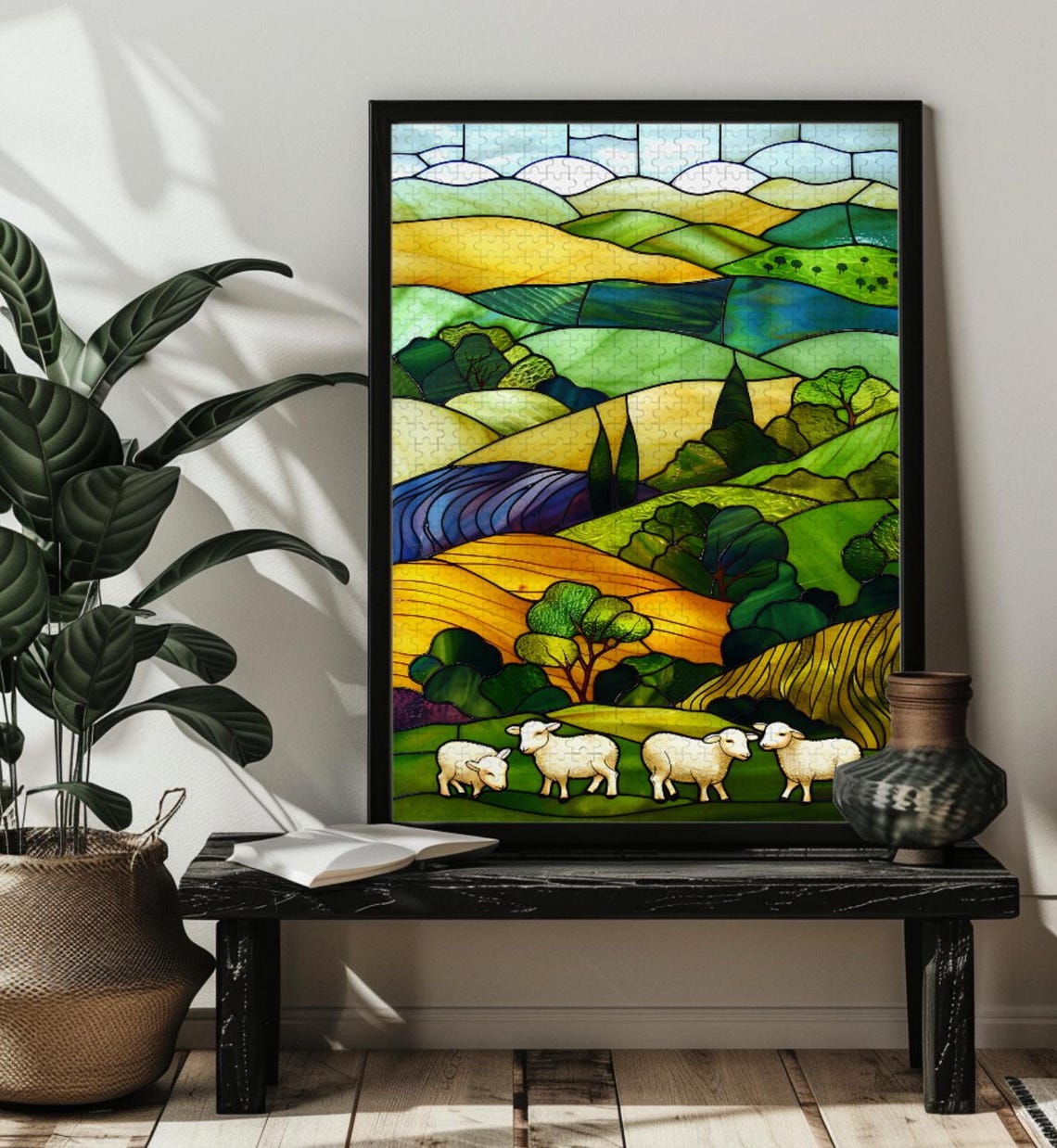 Green Rolling Hills Landscape Sheep Stained Glass Countryside Poster