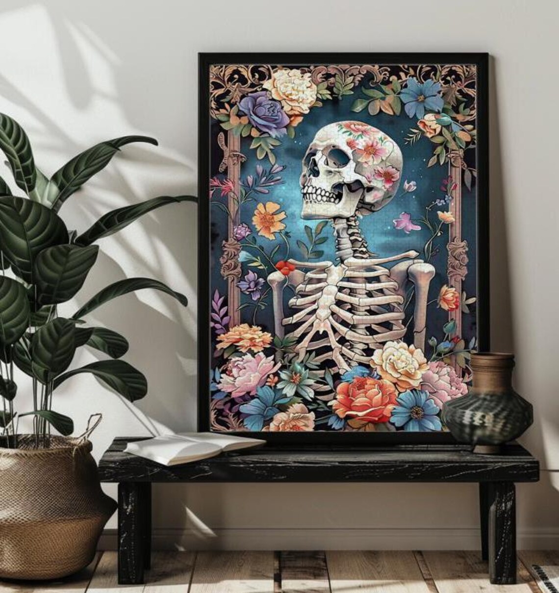 Skeleton with Colorful Flowers Day of the Dead Floral Poster - Image 3