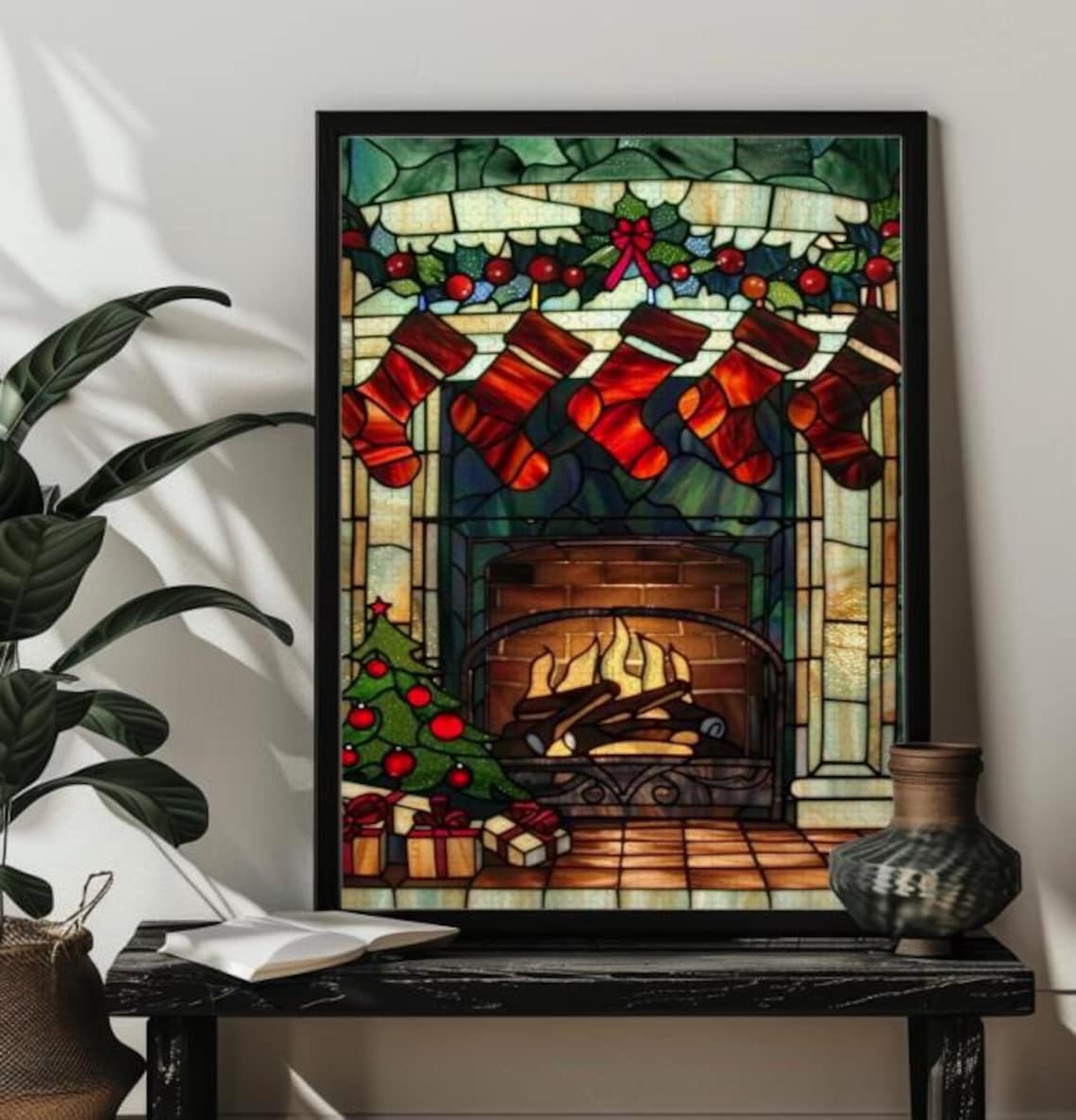 Cozy Christmas Fireplace with Red Stockings in Stained Glass Poster - Image 4