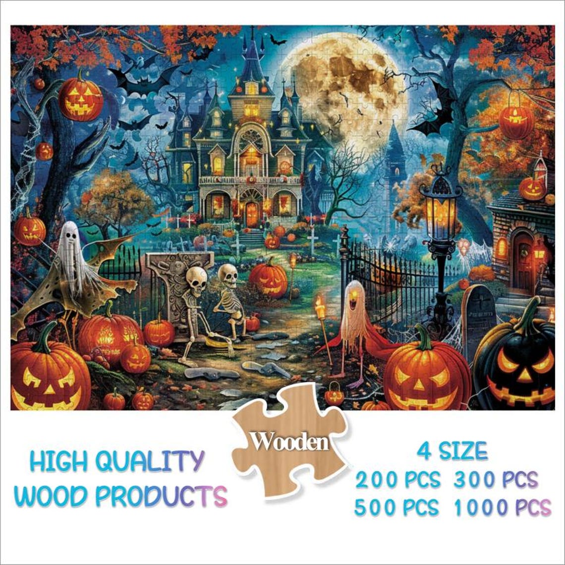 Halloween Haunted House Pumpkins Ghosts Moonlit Night Art Poster - Image 2