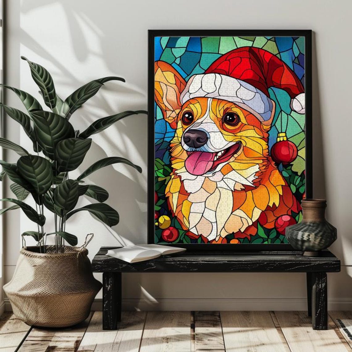 Happy Corgi In Santa Hat Stained Glass Style Christmas Dog Poster - Image 3